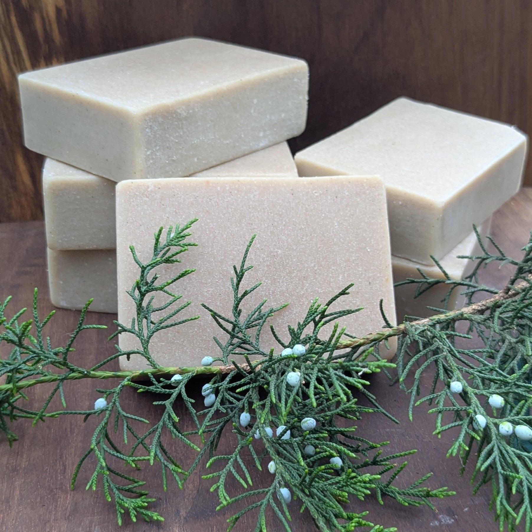 Handcrafted exfoliating Pumice goat milk soap bars for gardeners and mechanics displayed with fresh cedar twig and berries on walnut wood